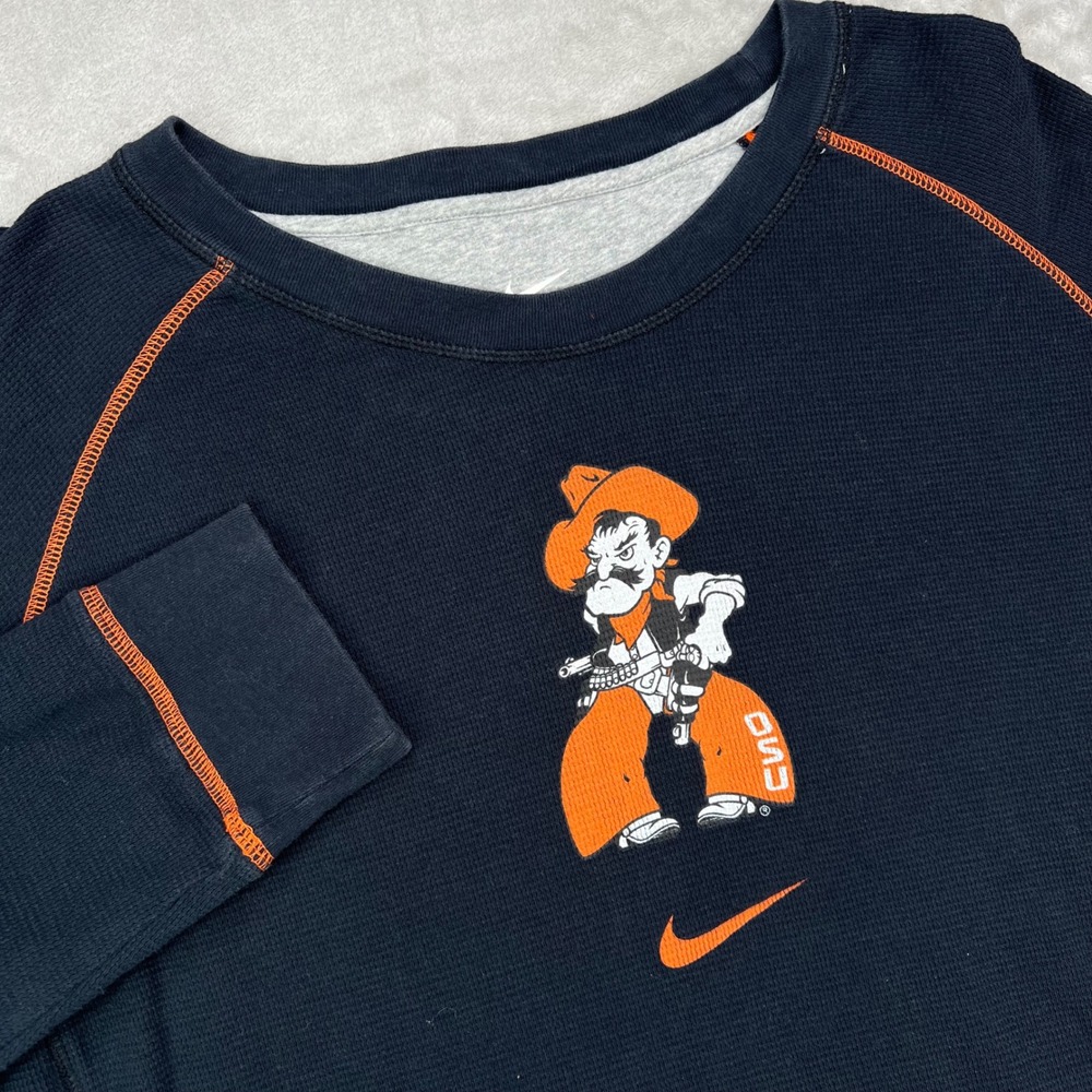 Nike Oklahoma State OSU Pistol Pete Shirt Mens 2XL Navy Waffle Thermal Raglan